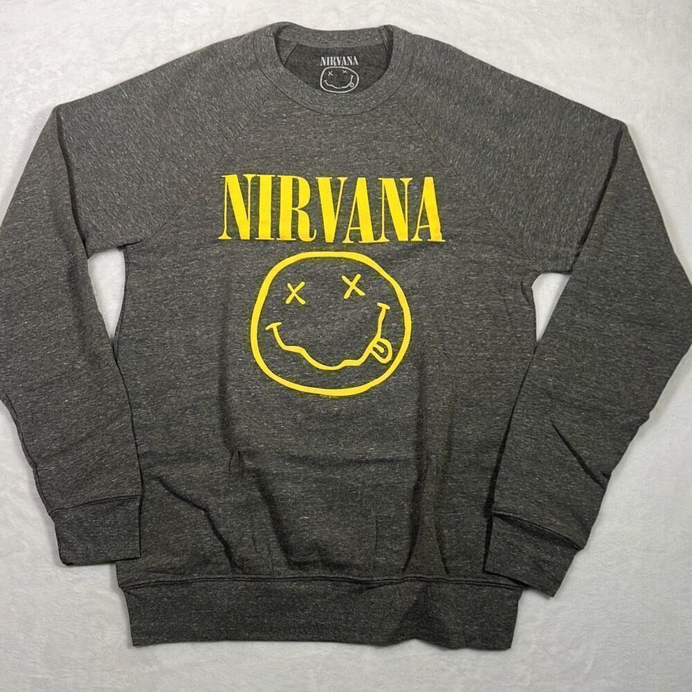 Nirvana‎ smiley face grey yellow band concert Crewneck pullover NWOT Men Medium